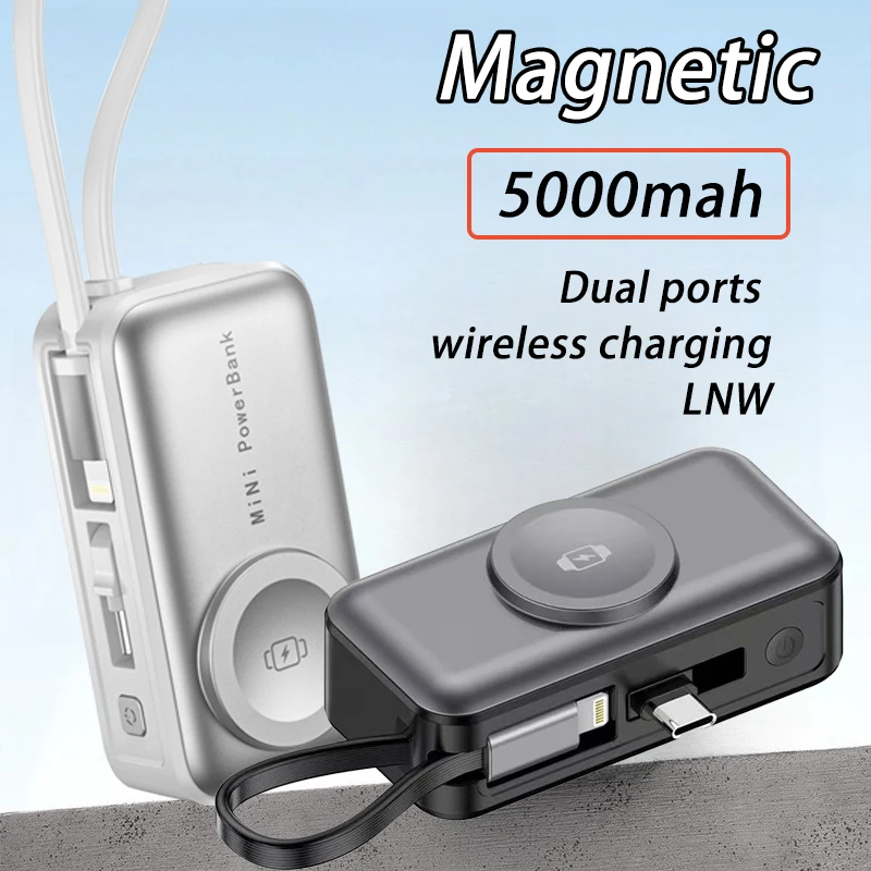 بنك طاقة مغناطيسي صغير بقدرة 5000 مللي أمبير في الساعة مع شاشة رقمية وبطارية خارجية محمولة لهاتف آيفون وشاومي وساعة أذن