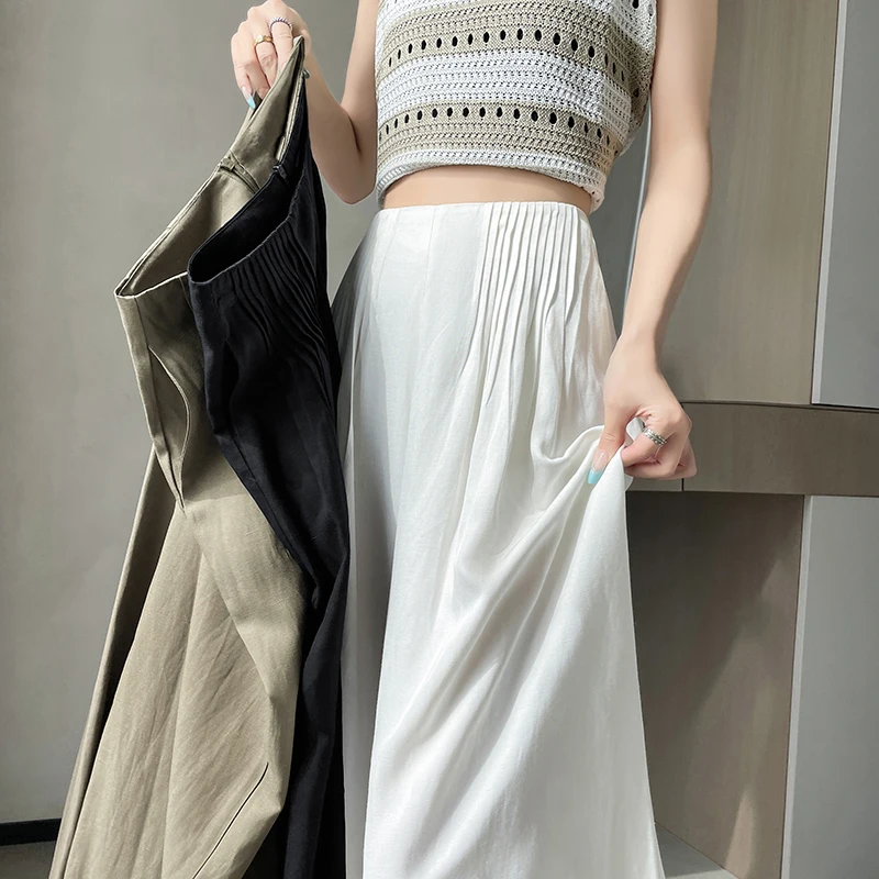 

Простые льняные брюки с высокой талией и широкими штанинами для женщин, с карманами на молнии, белые, с подкладкой, весна-лето 2026, новые тонкие брюки