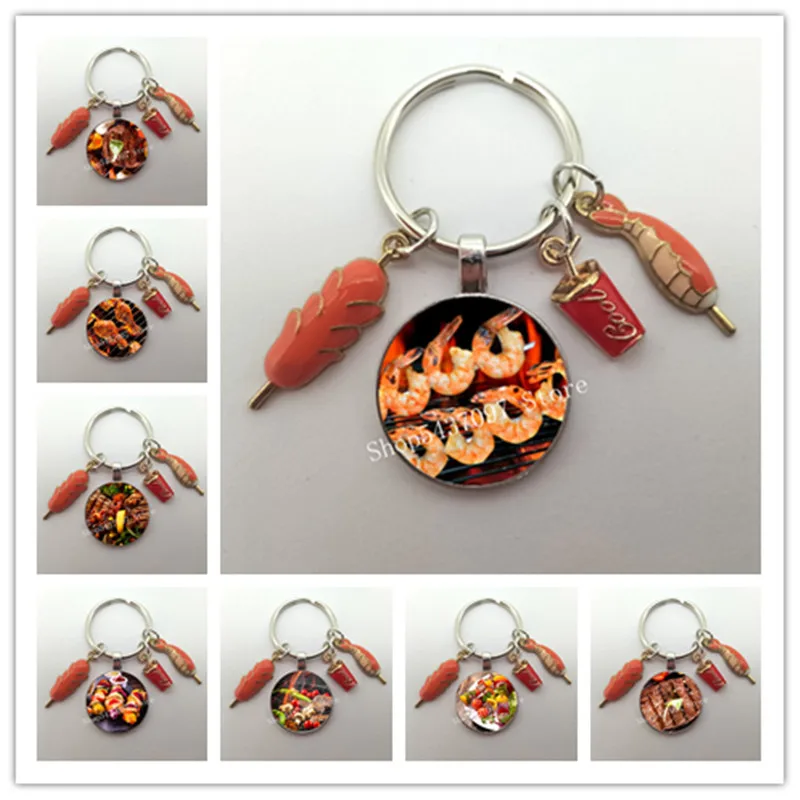 Fun Barbecue Keychain Glass Keychain Food Meat skewers Shrimp Keychain Barbecue Casual Keychain