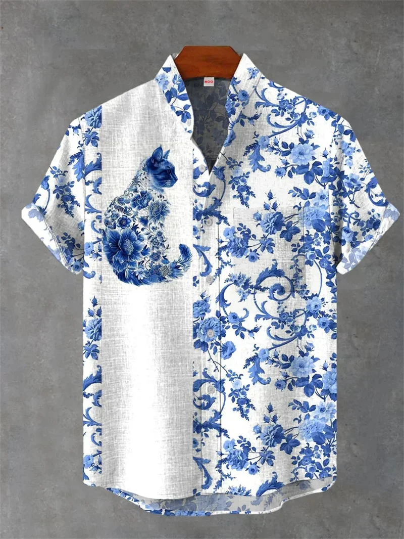 ฤดูร้อนแฟชั่นผู้ชายผ้าลินินแขนสั้นเสื้อ Retro สัตว์ Tiger พิมพ์ Street Casual Daily ชายเสื้อด้านบนเสื้อฮาวายผู้ชาย