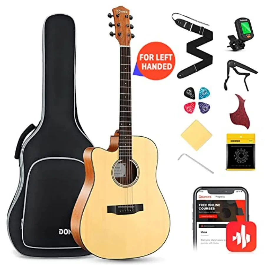 Acoustic guitar kit for left-handed beginners: full-size 41-inch cutaway acoustic guitar in natural wood finish with gig bag, s