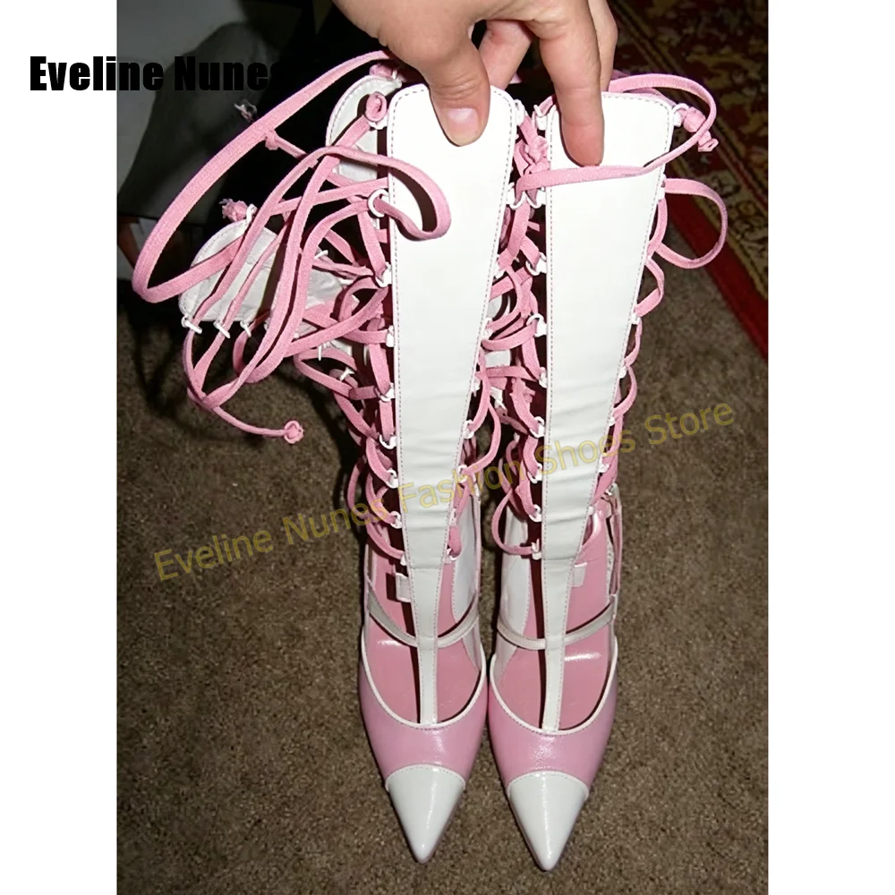 Pink White Cutout Knee High Stiletto Sandals Women Point Toe Crisscross Lace Up Eyelet Gladiator Boots Y2K Sweet Fashion Shoes
