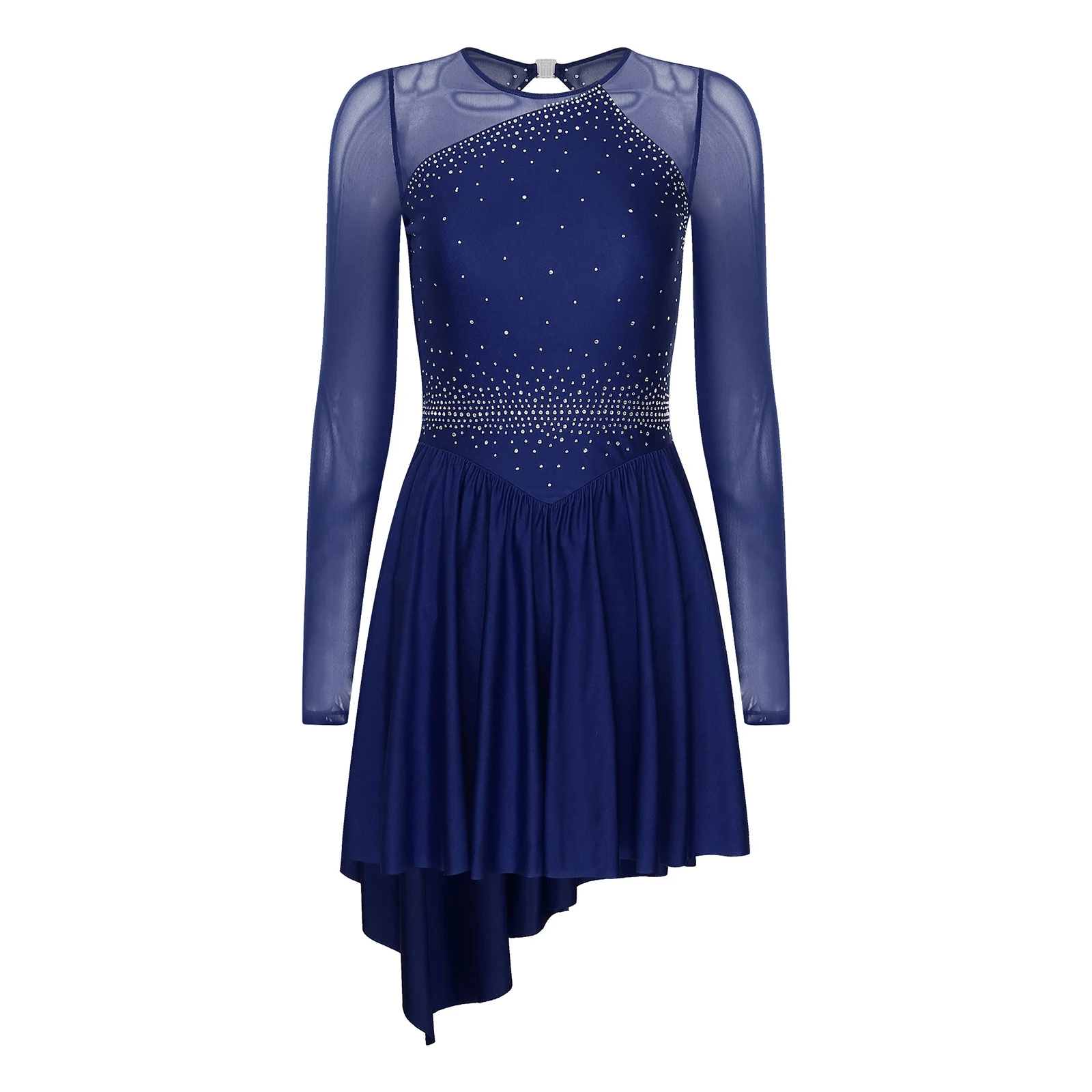 Women Long Sleeve Figure Skating Dress Lyrical Dance Ballet Gymnastics Dancewear Shiny Rhinestone Sheer Mesh Leotard Dresses