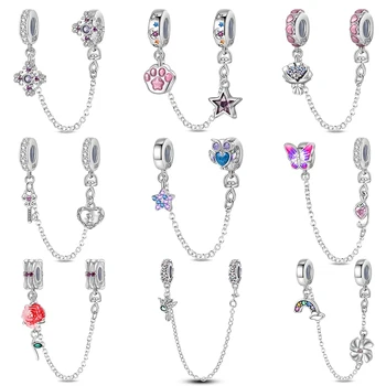 실버 컬러 스타 플라워 크로스 안전 체인 스페이서 참 비즈 핏, 판도라 925 오리지널 팔찌, DIY 생일 쥬얼리, 925 신제품 