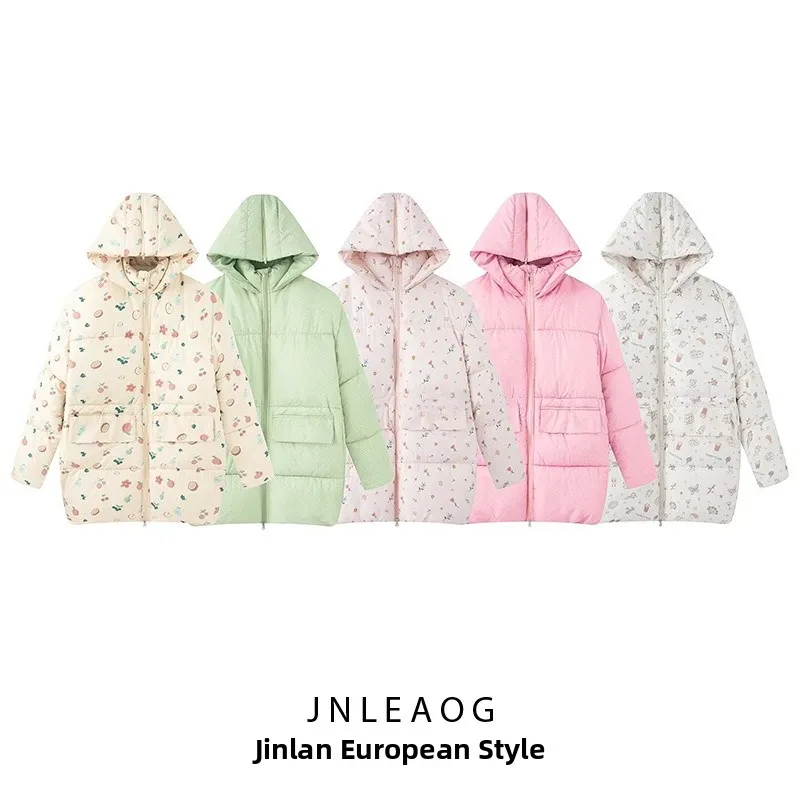 

JNLEAOG Women's Fashionable Sweet Flower Bubble Sleeve Cotton Jacket Street Style Straight Cut Long Sleeve Zipper Closure