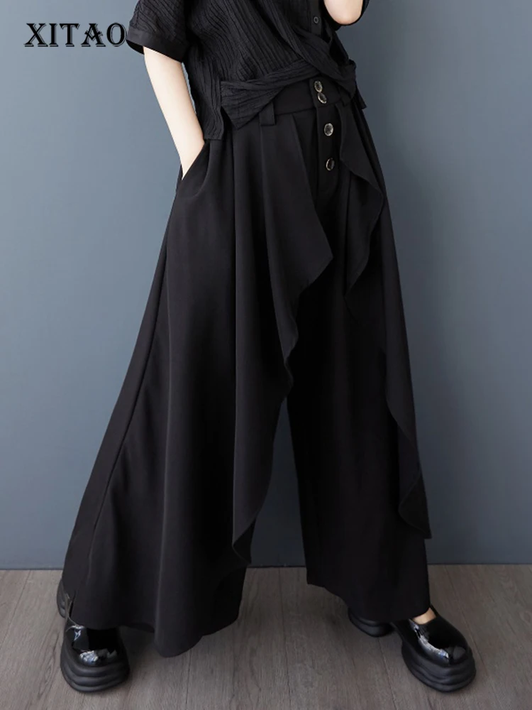 

XITAO Wide Leg Elastic Waist Pant Casual Loose Button Fitting Solid Color Vintage All Match Summer New Women Pant ZMY1053