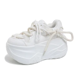 9.5CM Women Thick Leather Sneakers New Autumn High Platform Dad Shoes Women Casual Trainer Sneakers Thick Sole Vulcanize Shoes