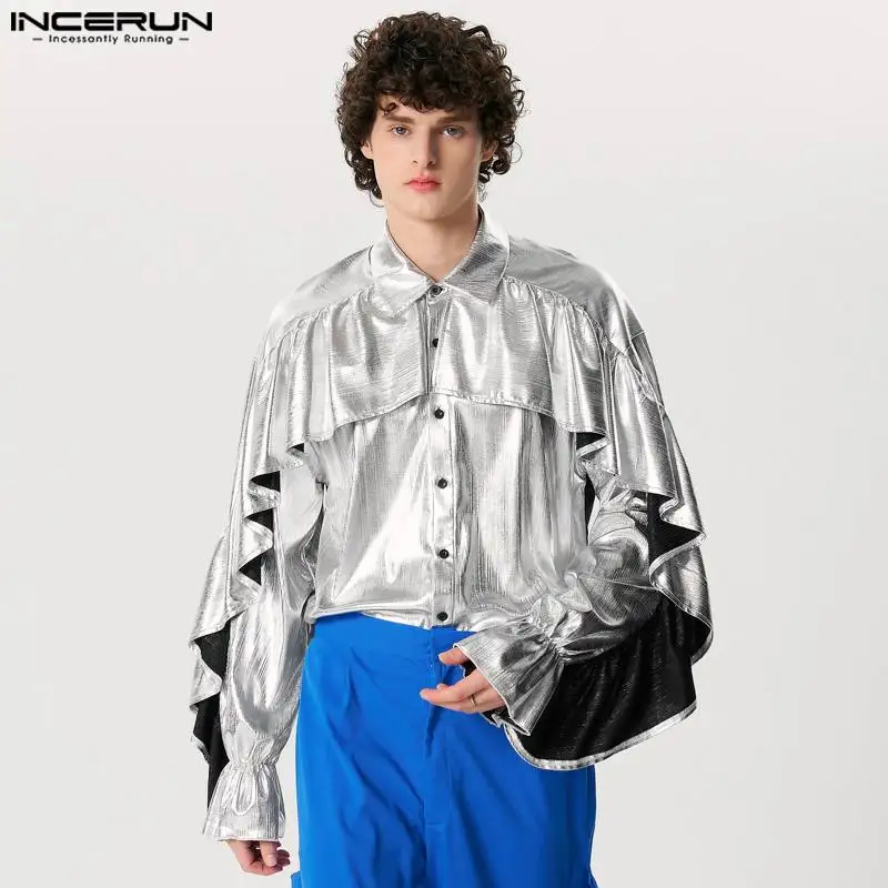 INCERUN Tops 2024 American Style Fashion Men\'s Ruffled Edge Flash Fabric Design Shirts Casual Clubwear Long Sleeved Blouse S-5XL