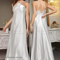 Female Long Nightgown Home Dressing Gown Sexy Suspender Nightdress Intimate Lingerie Summer New Ice Silk Sleepwear Lounge Wear