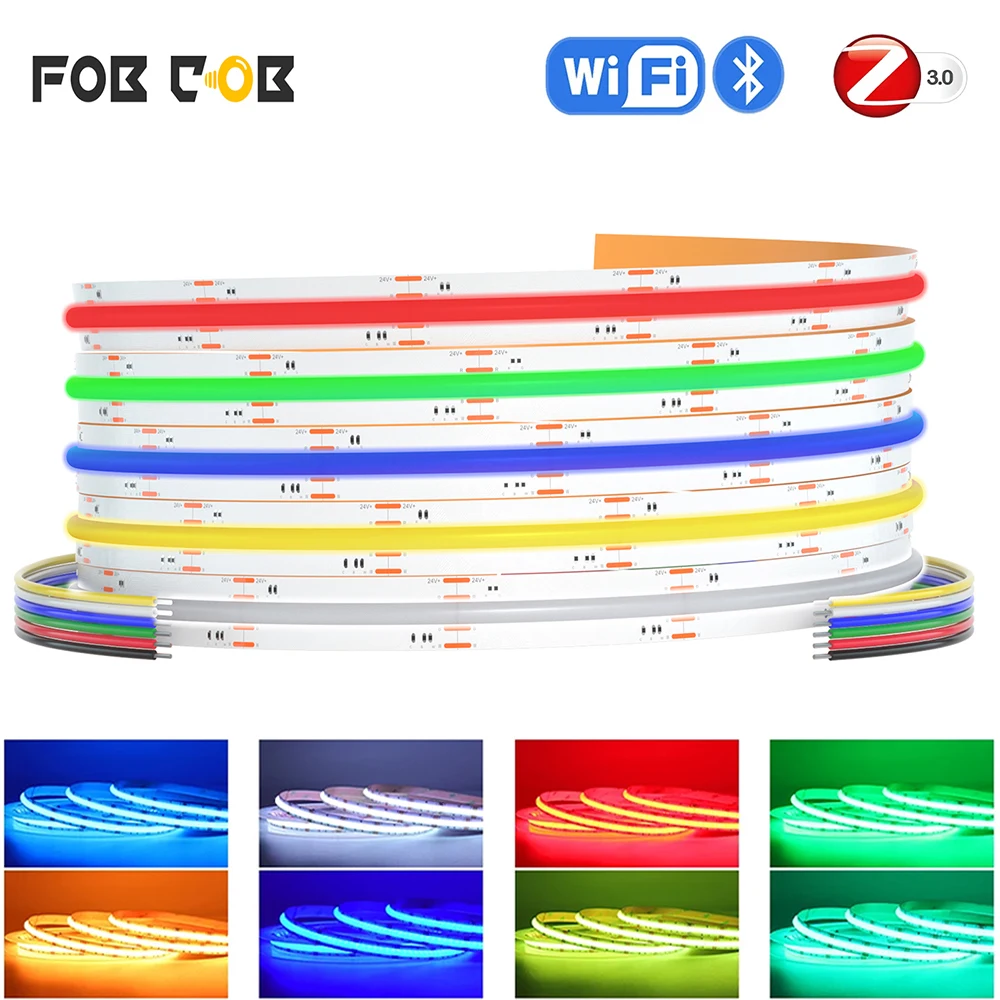 RGBCCT COB LED Strip Light 24V RGB Dimmable Flexible Light 6Pin RGBCW WW LED Ribbon 12mm Linear High Density LED Tape Room Decor