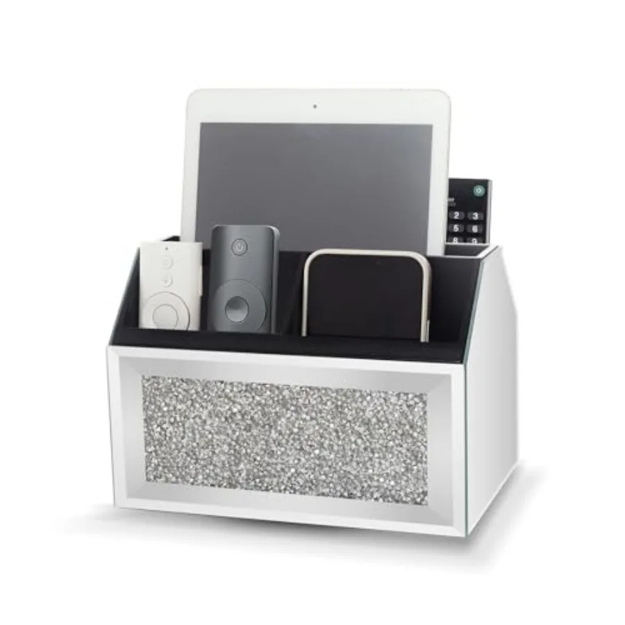 

360 TV Remote Control Holder Storage Caddy for Pad Phone Pen and Pencils, Makeup Brush, Silver Crushed Diamond Desk Organizer f