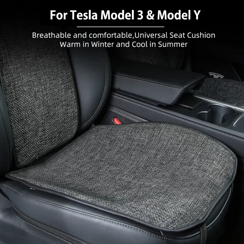 Funda de lino para asiento Tesla Model 3 Y, transpirable, cómoda, antideslizante, cojín para respaldo de asiento trasero delantero, accesorios