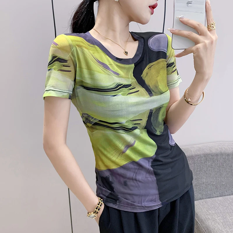 

Женская Сетчатая футболка, Повседневная тонкая футболка с круглым вырезом и коротким рукавом, модель 2023 в европейском стиле на лето, 34186