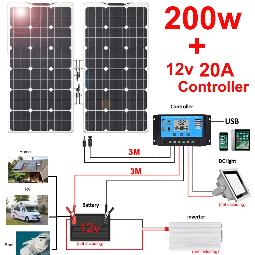 solar panel 200w 100w 12v battery charger flexible photovoltaic panel mono cell camper RV home roof balcony waterproof freeship