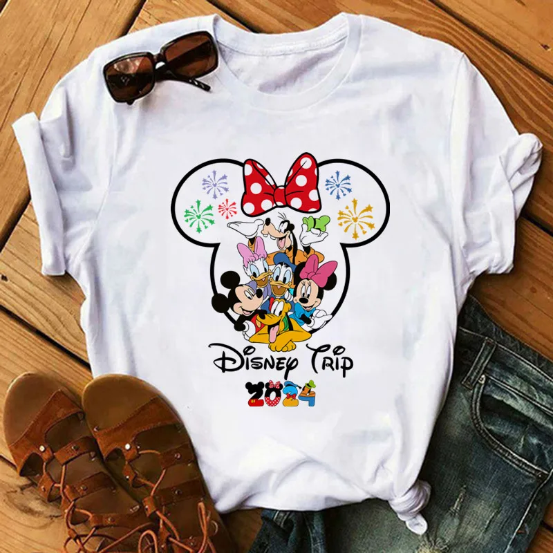 2024 Fashion Women's T-Shirt Disney Trip Fun Mickey Minnie T-Shirt Disney Vacation Women's Harajuku Cotton T-Shirt