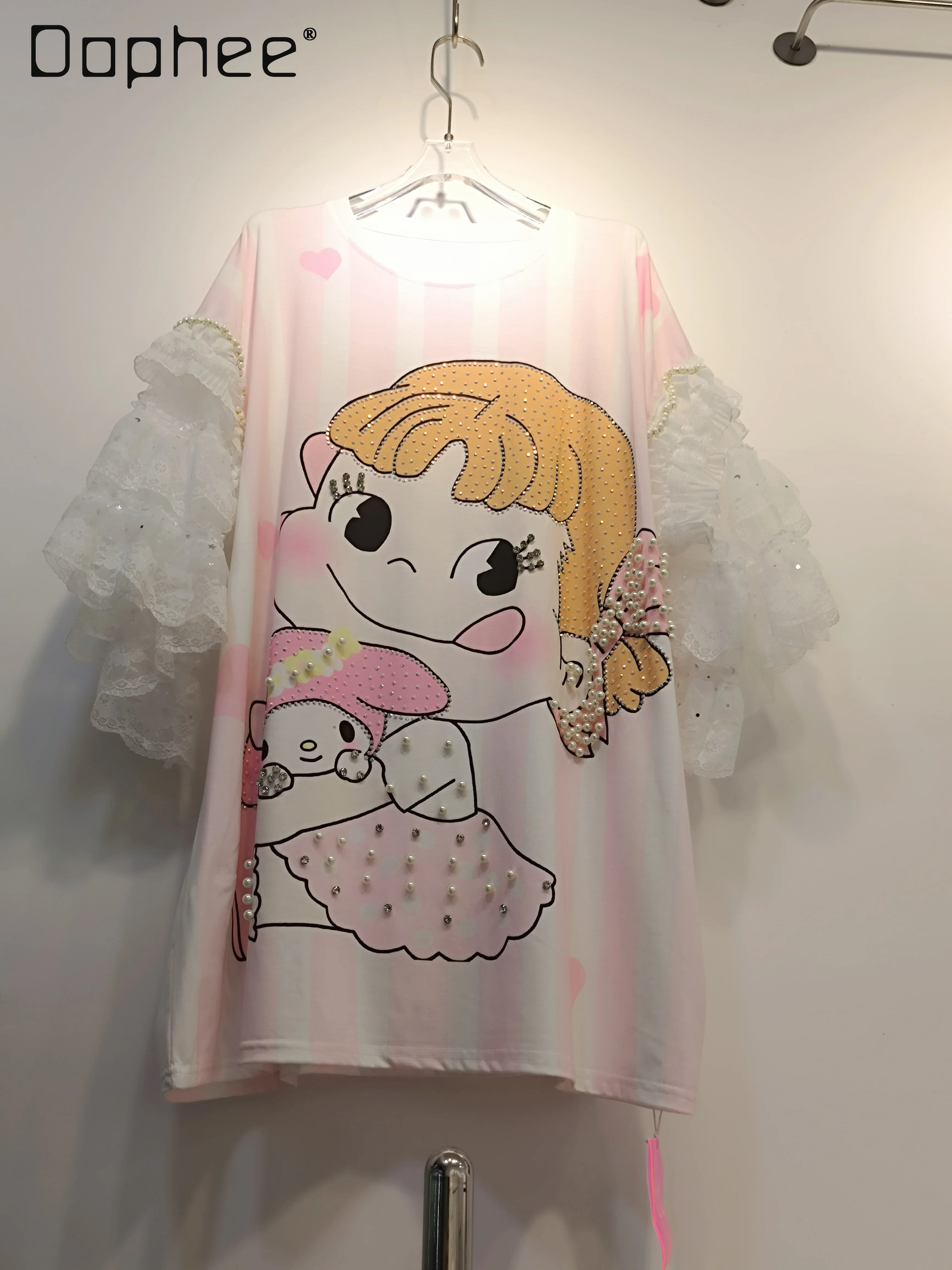 

Heavy Industry Beads Hot Diamond Korean Version Cartoon Girl Printed Crew Neck T-Shirt Sweet Loose Lace Sleeve Top Summer