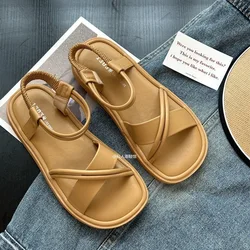 Sandals Straps 2023 Women's Ladies Shoes Summer Cross-Shoes Clear Heels Flip Flops Platform Soft  Gladiator New Flat Buckle Girl