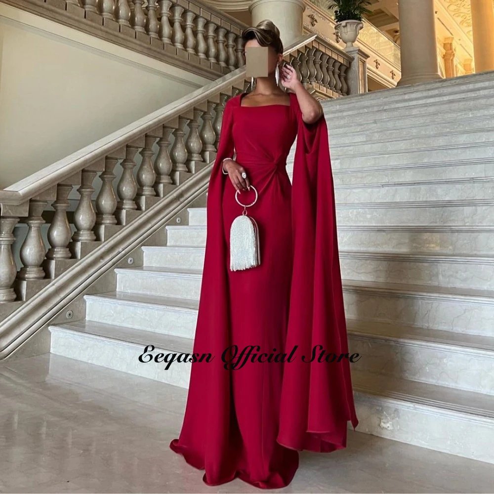 Customized Burgundy Long Evening Dresses Saudi Arabic Women Party Formal Dress Squar Neck Prom Gowns Celebrity Wedding with Cape