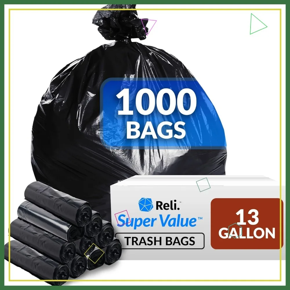 

13 Gallon Trash Bags, 1000 Count, Black, Tall Kitchen, Strong and Durable for Home Use
