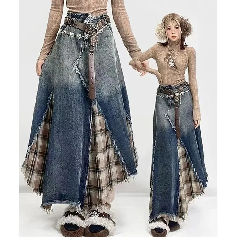 Deconstructed Subculture Patchwork Denim Skirt A Line Plaid High Waist Raw Hem Skirt Streetwear Gradient Harajuku Fashion Skirt