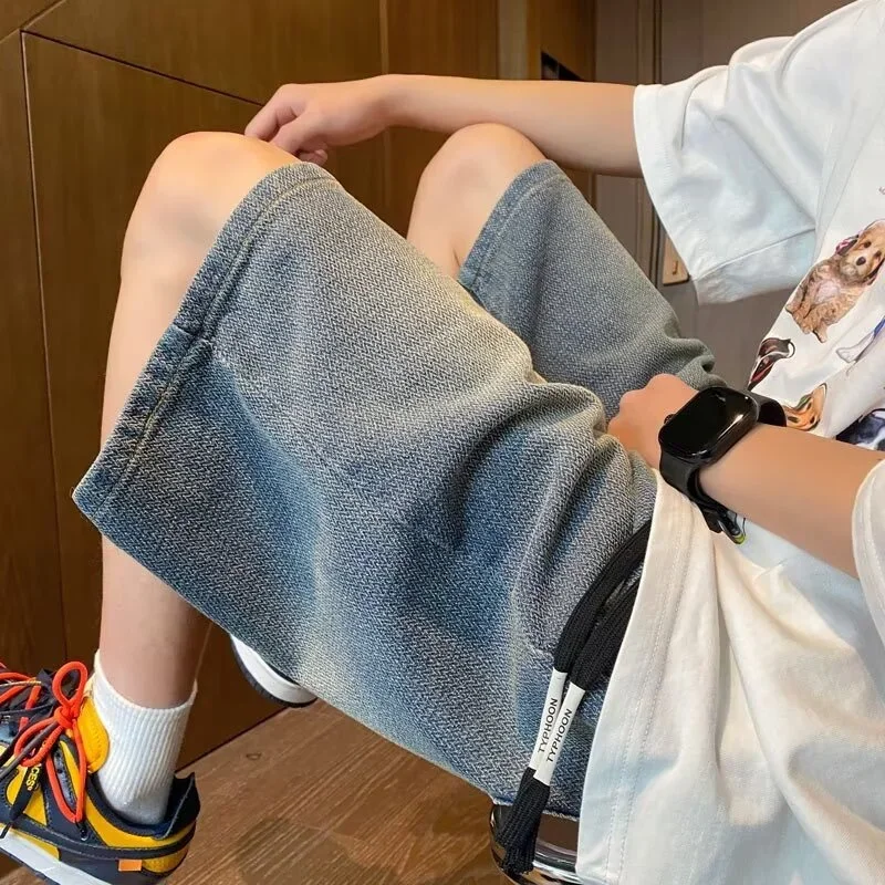 

Летние мужские уличные модные синие джинсовые шорты с драпировкой, мешковатые прямые широкие джерси Y2K, винтажные короткие джинсы на шнурке