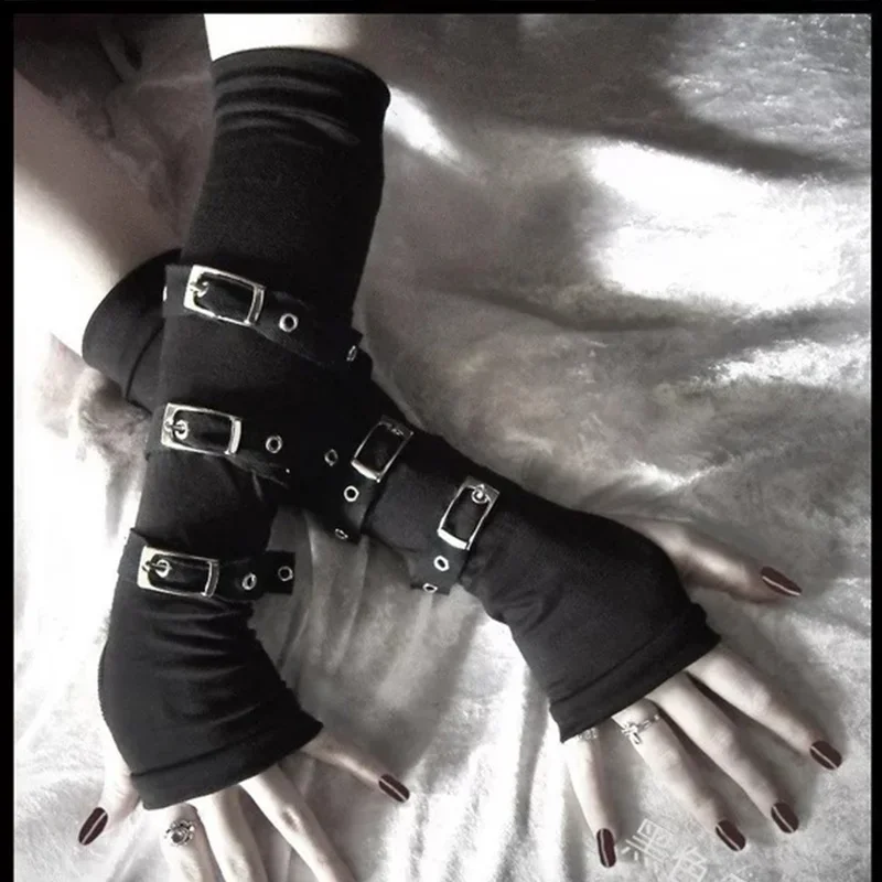 Guantes Punk negros con dedos, pulsera larga, correa para la muñeca, calentador de brazo de 28CM, puño largo de seda de leche, guante Sexy gótico