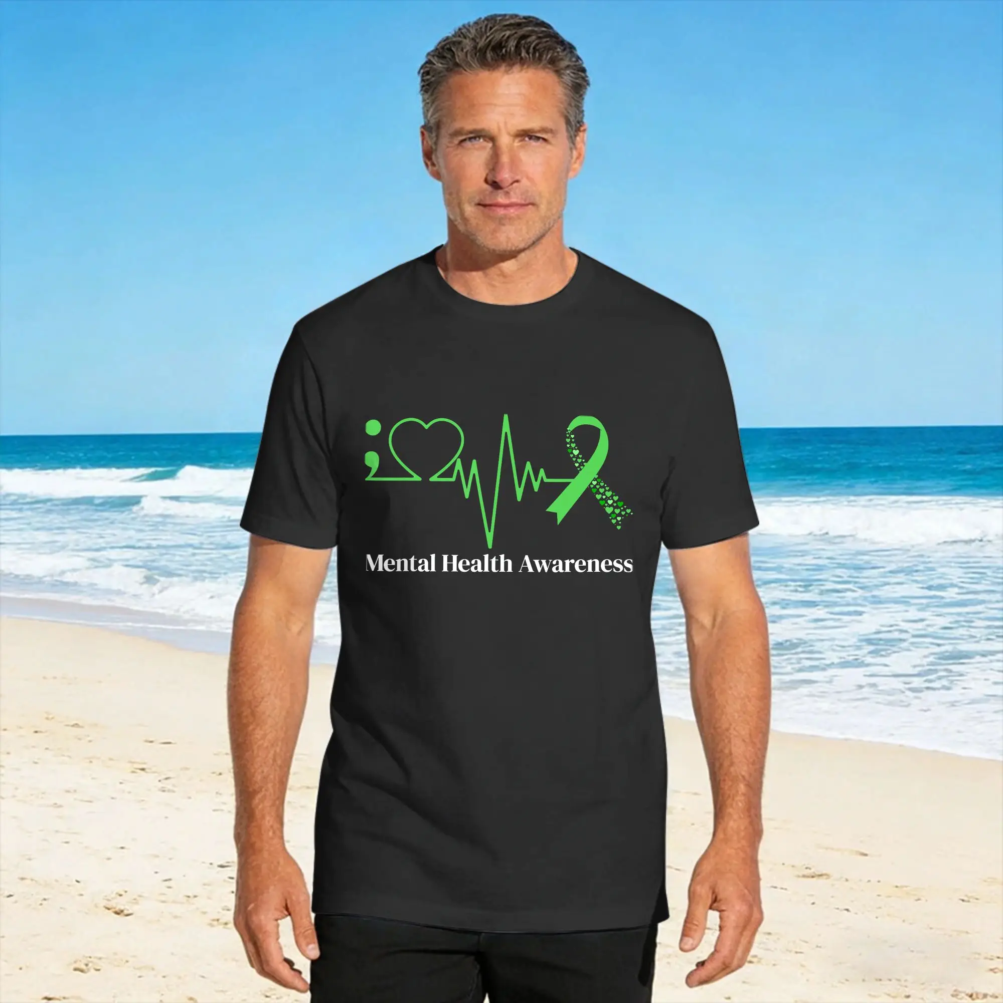 Semicolon Heart Beat Green Ribbon Mental Health Awareness T Shirt Summer  Harajuku T-Shirts Cotton O-Neck Plus Size Tees