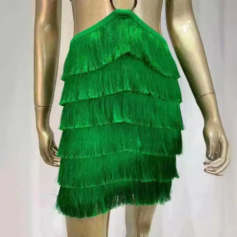 กระโปรงทรงเอวสูงแบบรัดรูป แต่งพู่ห้อย ตัดเย็บแบบไร้ตะเข็บ คอเหลี่ยม สำหรับฤดูร้อน