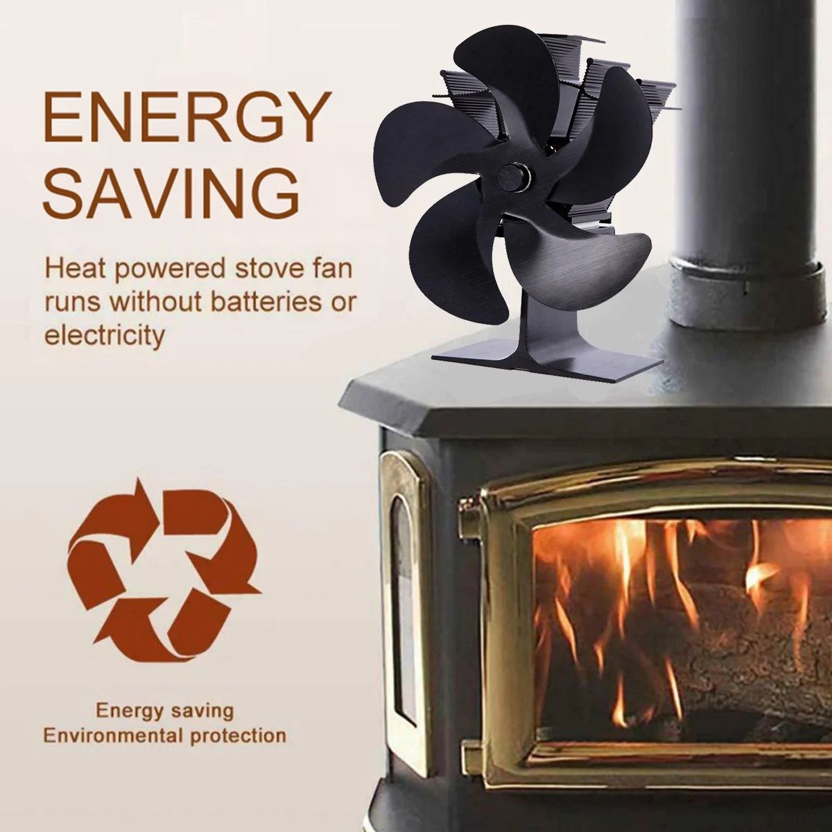 5 Blades Fireplace Fan Heat Powered Quiet Safe Burning Stove Fan Efficient Heat Distribution for Firewood Log Wood +Thermometer