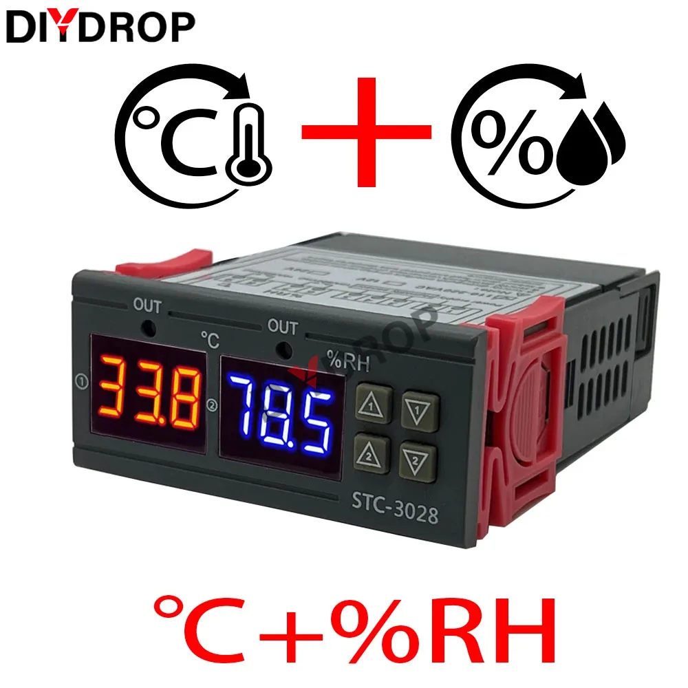 Podwójny cyfrowy termostat kontrola temperatury i wilgotności STC-3028 termometr higrometr kontroler inkubatora AC 220V DC 12V 24V