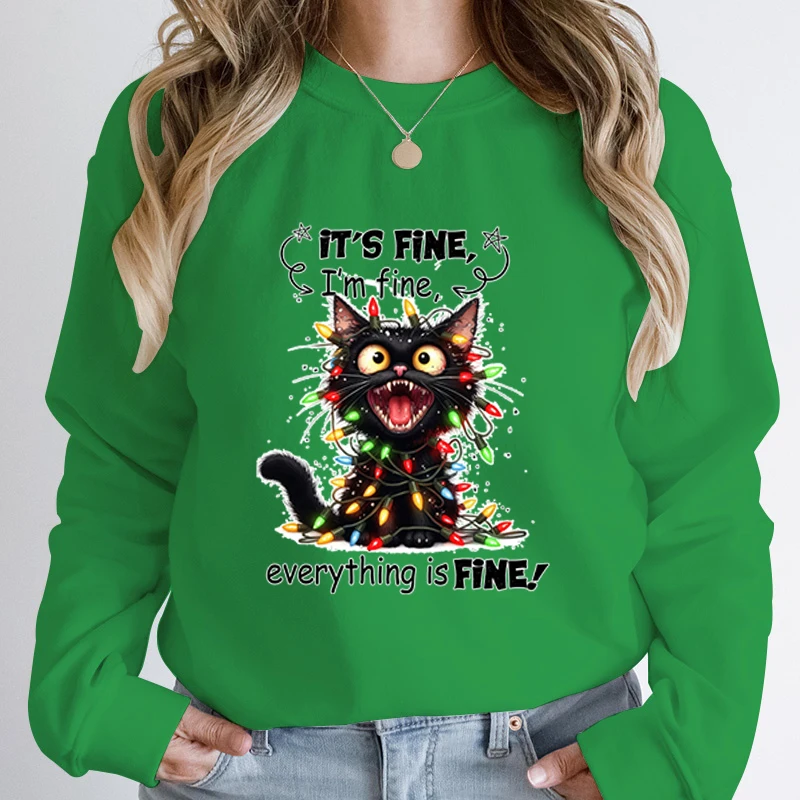 

Christmas Light Cat It's Fine I'm Fine Everything Is Fine Print Ladies Hoodless Pullovers Women Autumn Winter Fashion Sweatshirt