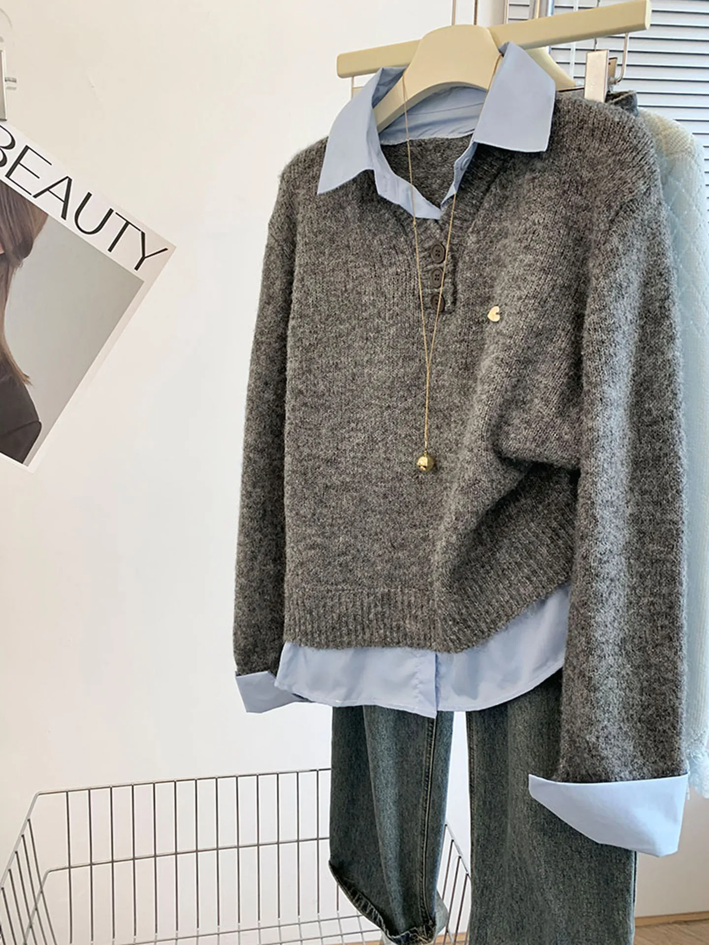 

Женская теплая вязаная кофта Emily Clud Color Blo с длинным рукавом и воротником, имитация двухслойности, для осени и зимы, для повседневной носки