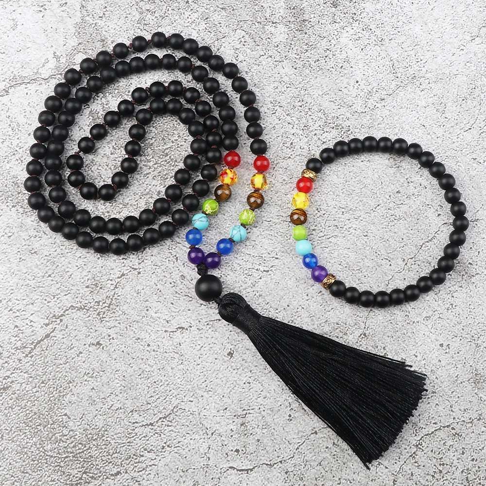 7 Chakra 108 Mala Beads Knotted Necklace Shiny&Matte Black Onyx Men Bracelet Fashion Women Tassel Rosary Meditation Jewelry Set view 5