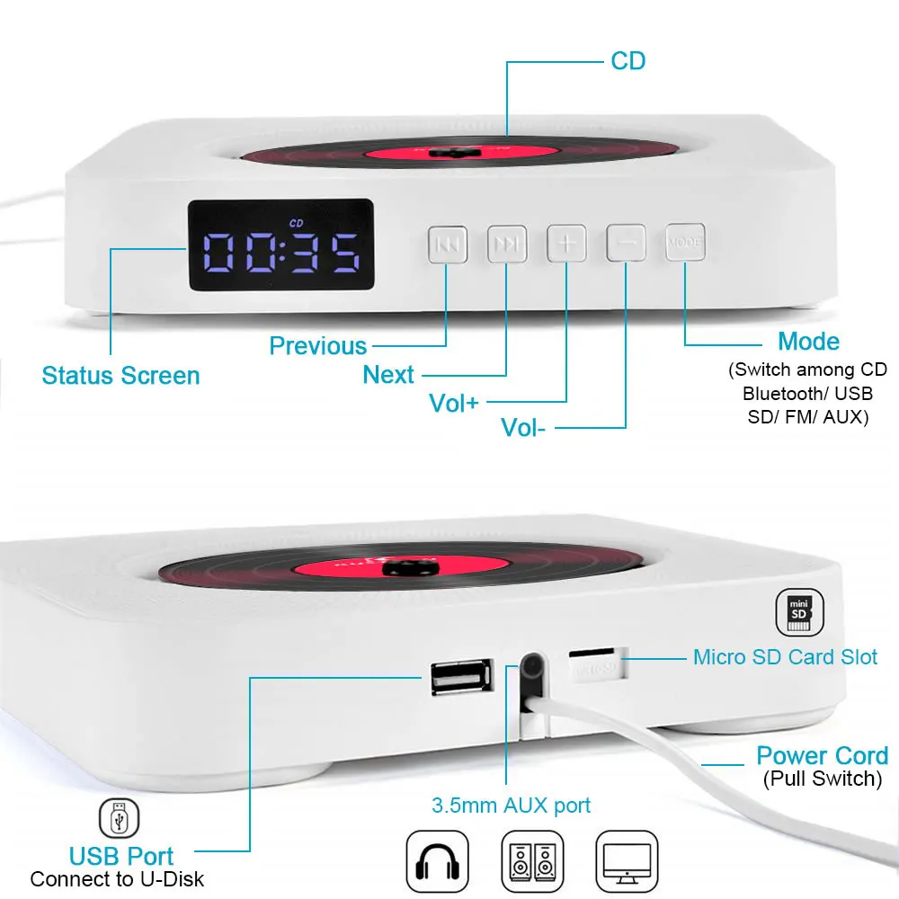 Kustron 2.0 مثبت على الحائط مشغل أقراص مضغوطة سمّاعات بلوتوث + LED عرض المحمولة الرئيسية الصوت Boombox مع جهاز التحكم عن بعد راديو FM