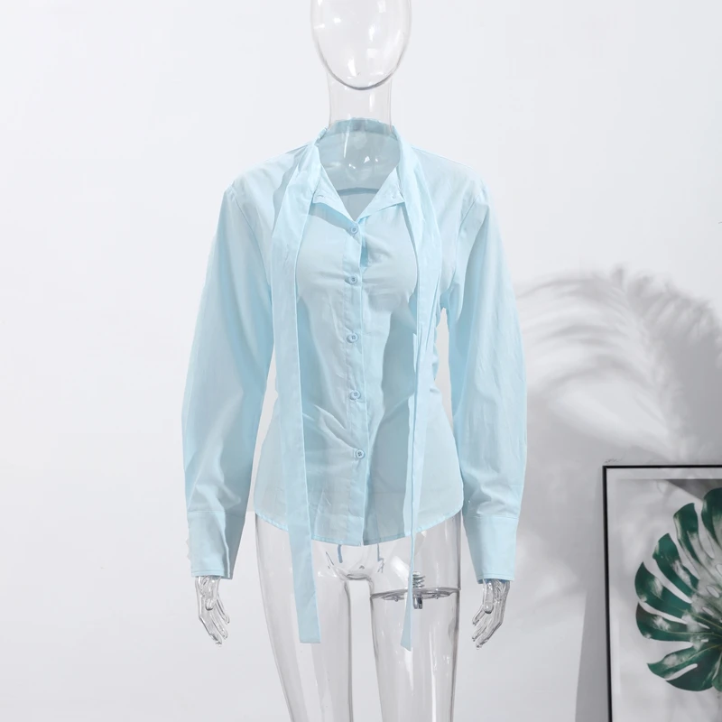 2025 outono senhora commute outwear elegante feminino bandagem camisa azul manga longa rendas até único breasted blusas finas femininas