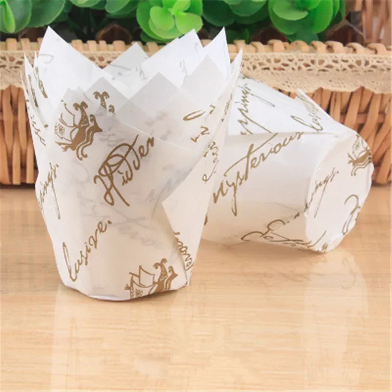 50pcs Newspaper Style Cupcake Liner Baking Cup For Wedding Party Caissettes Tulip Muffin Cupcake Paper Cup Oilproof Cake Wrapper