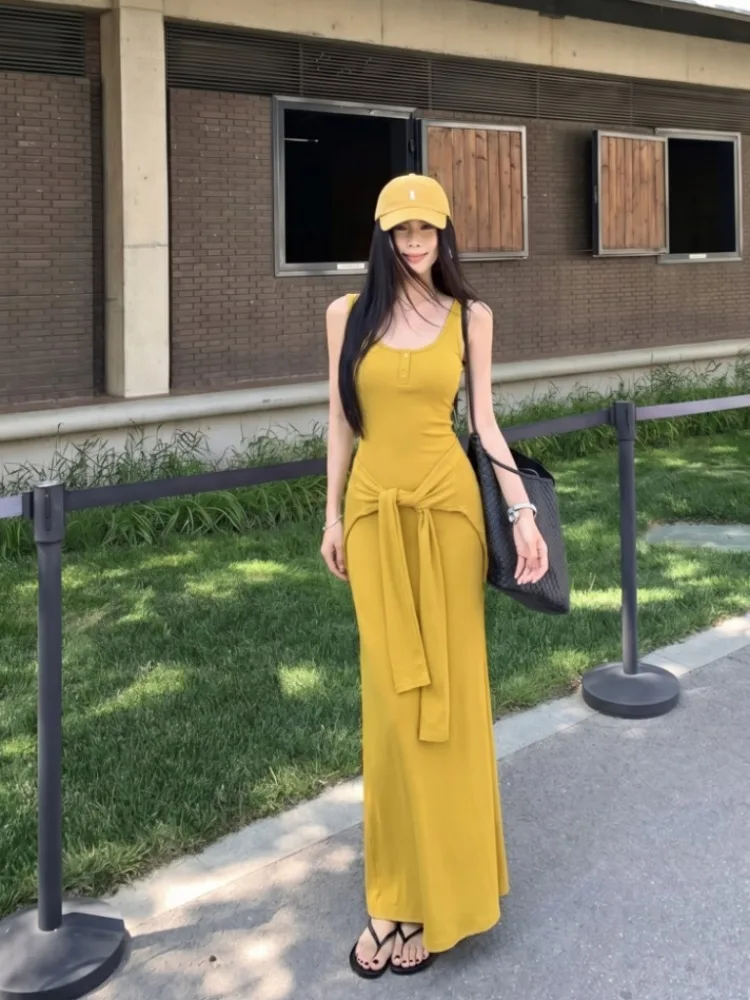 

Summer Slim Fit Yellow Vest Dress Women's Stylish A-Line Long Dress Knitted Fabric No Sleeve Belted Waist Design Trendy Girl ...