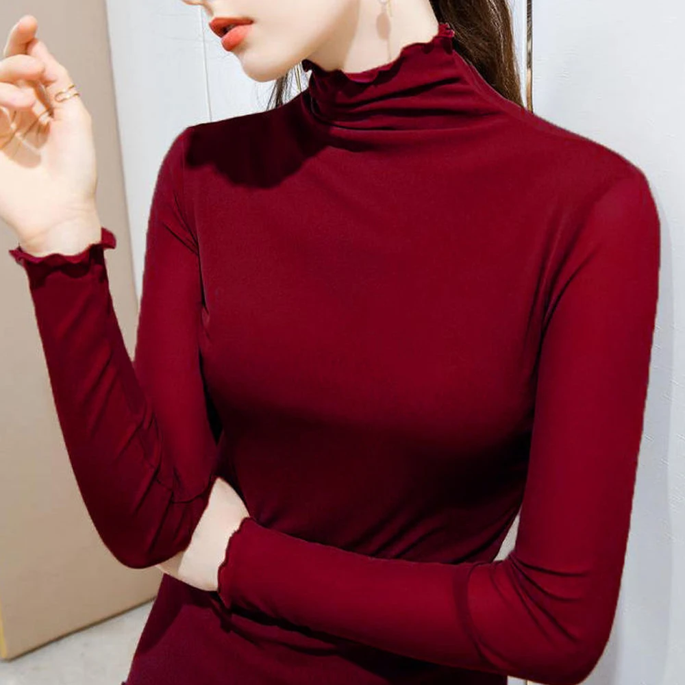 

S-2XL High Neck Sexy Wooden Ear Thin T-shirt Women's All-match Long-Sleeved Bottoming Shirt Top Slim Ladies Turtleneck T-Shirt