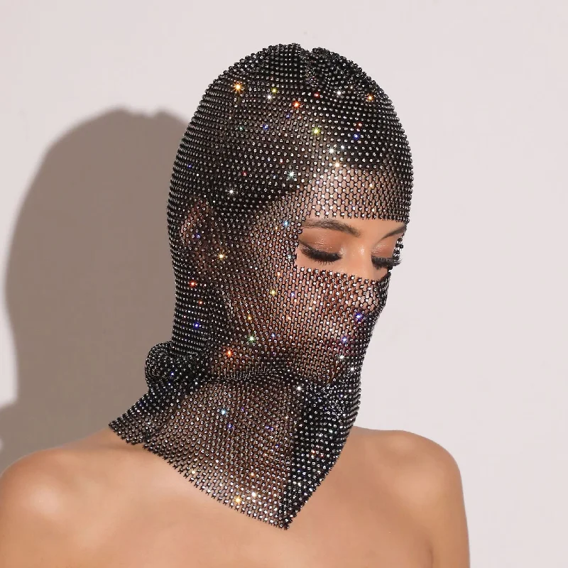 

2026New Rhinestone Mesh Balaclava – Sexy Bling Face Cover for Halloween, Rave & Music Festival – Elastic Crystal Head Hood for