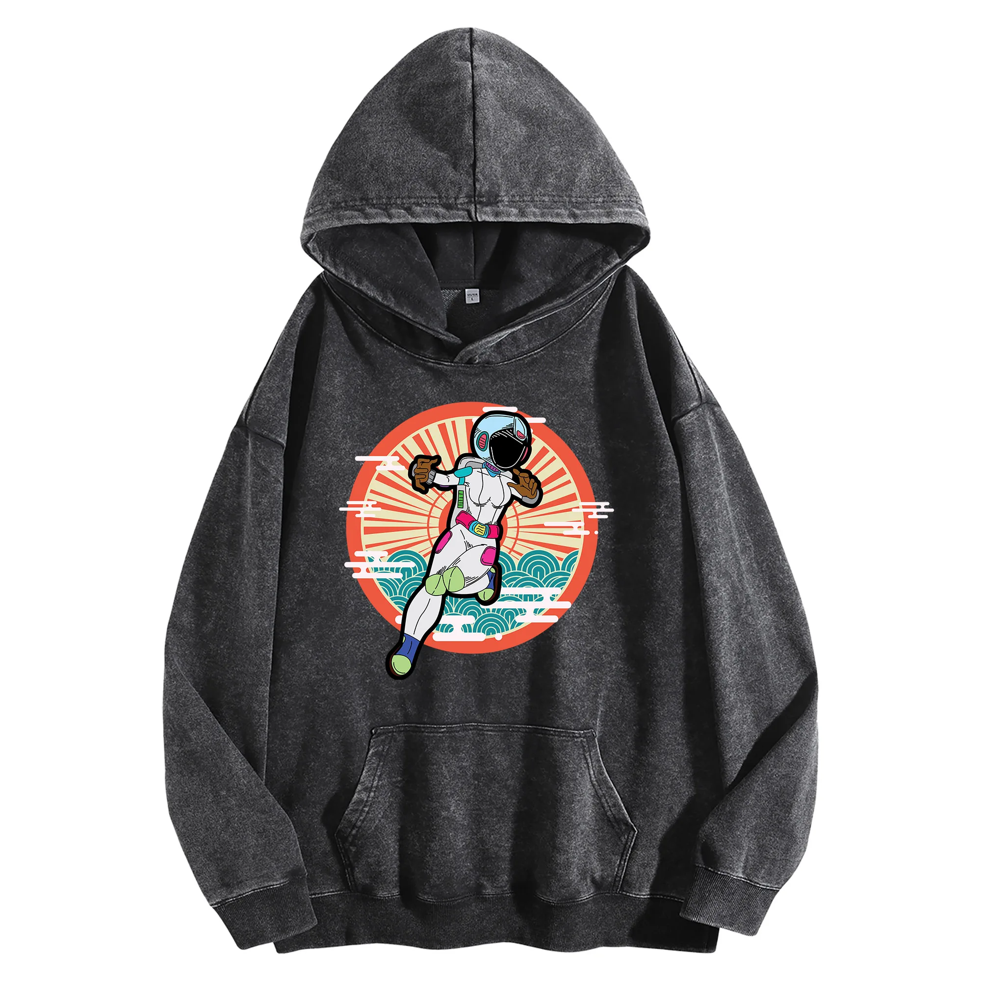 سترة بغطاء للرأس برسومات Space Vintage المغسولة 400G للجنسين كبيرة الحجم لخريف/شتاء #3
