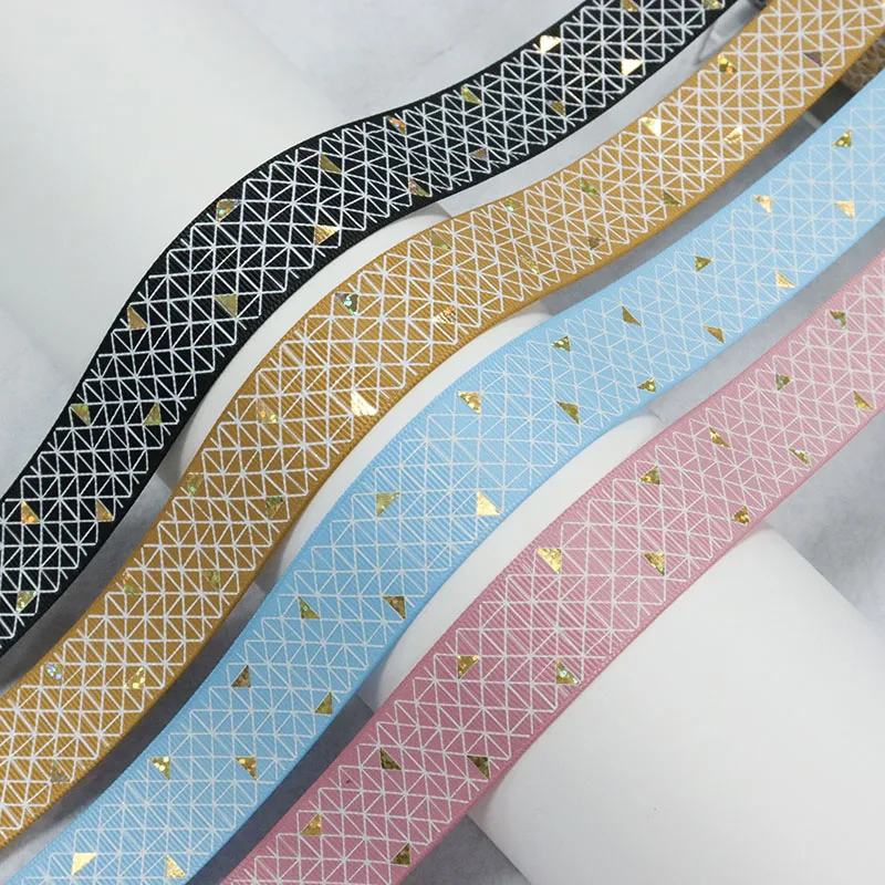 25mm White Ink Grid Line Laser Gold Foil Triangle Printed Grosgrain Ribbon For Hairbows DIY Craft Supplies