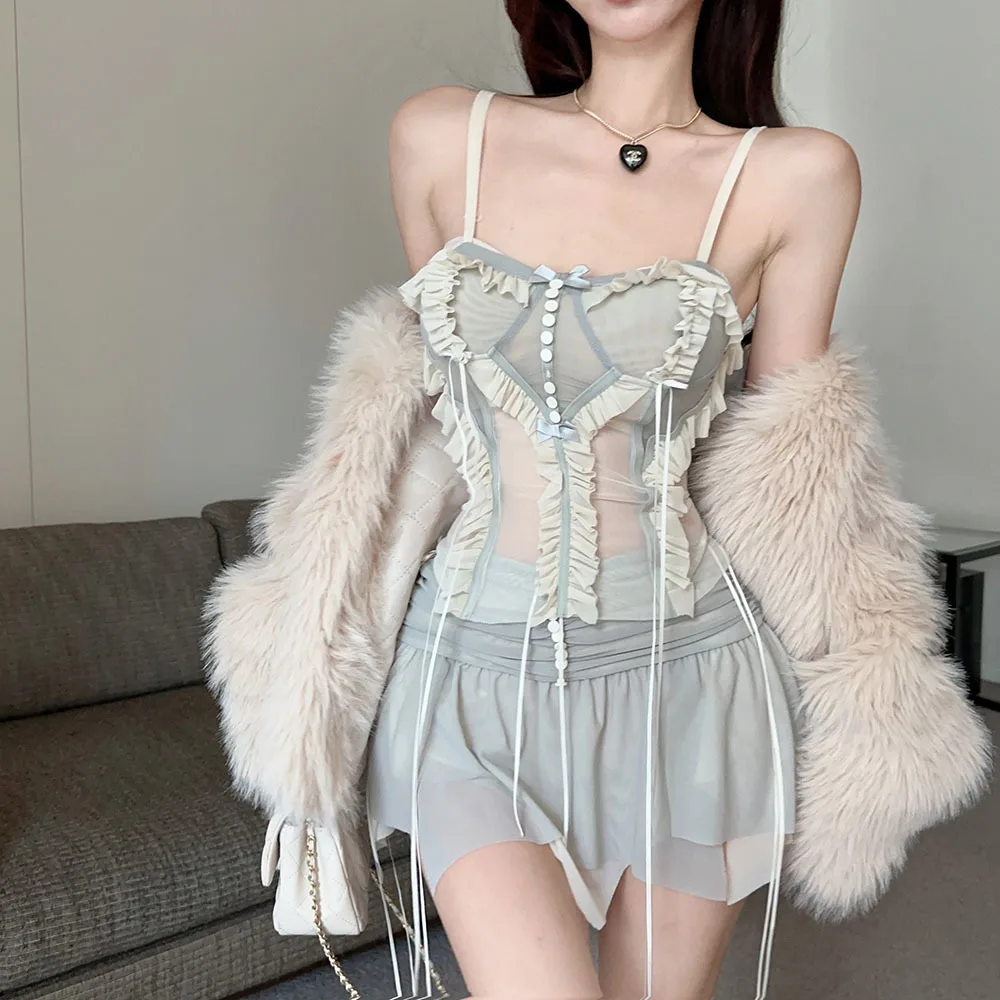 Women Summer outfit Elegant Chiffon Pleated Skirt 2 Piece Sets Y2k Fairycore Mesh Patchwork Corset Top and Vintage Mini Skirts