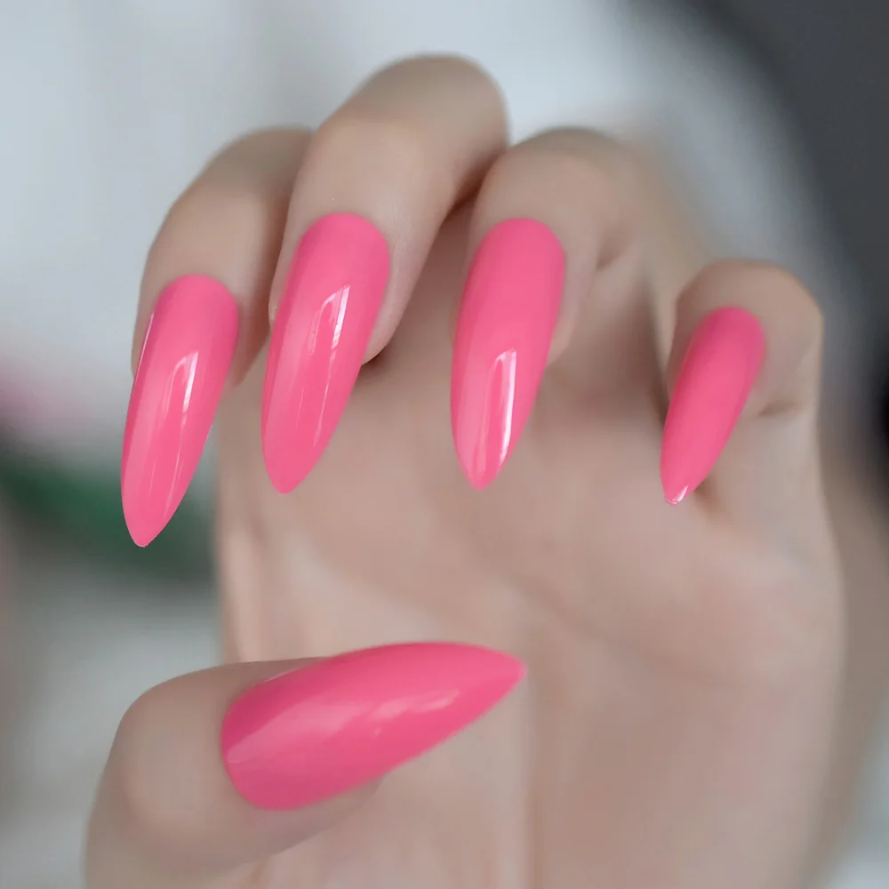 Hot Pink Extra Long False Nails Stiletto Tips Oval End Stilettos Fake Nail Rose Red Gel Manicure Artificial Nails Salon