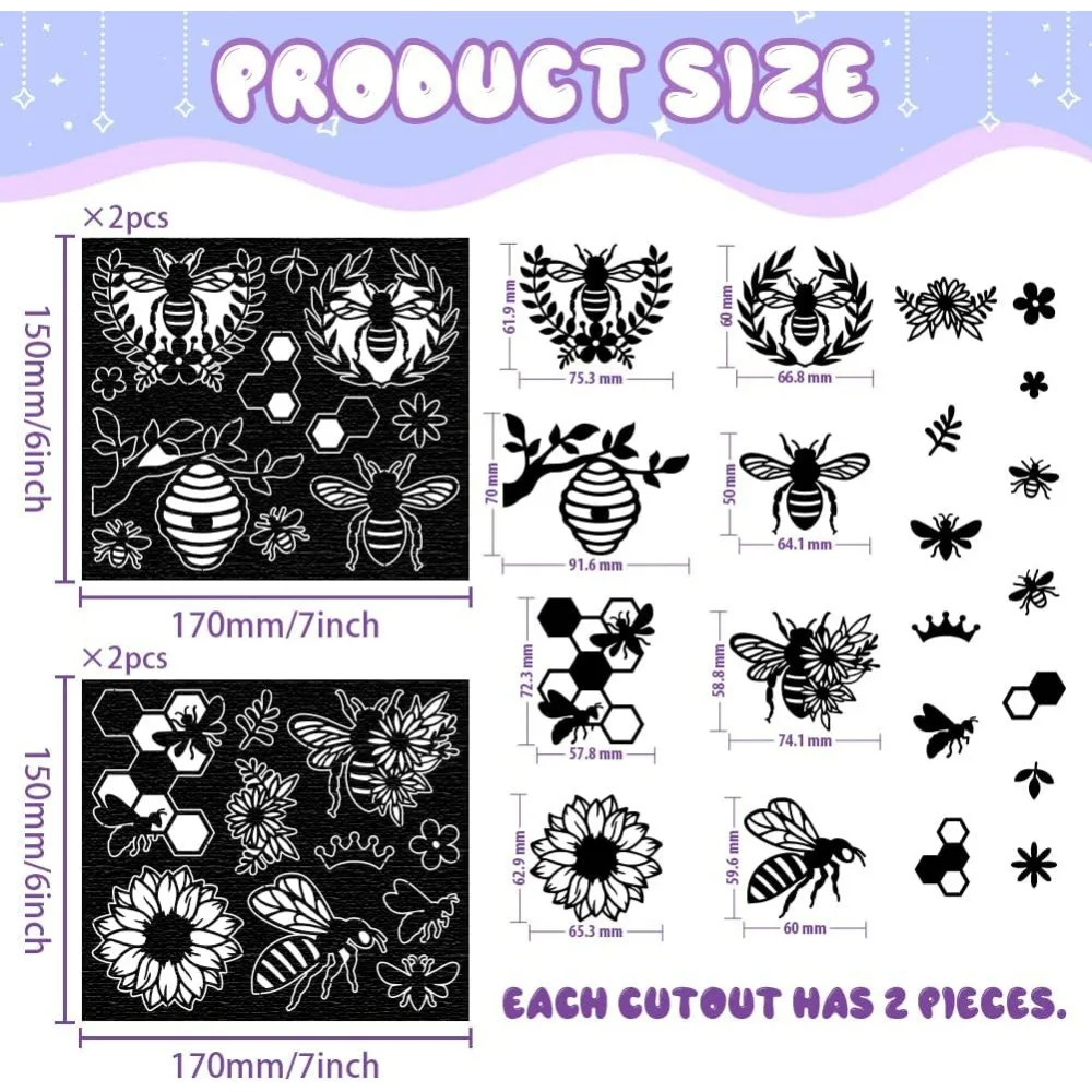 4Pcs Bee Silhouettes Laser Cutouts Decals Flower Mason Jar Cutouts Ornaments Silhouettes Cutouts Scrapbook for Jars Wall