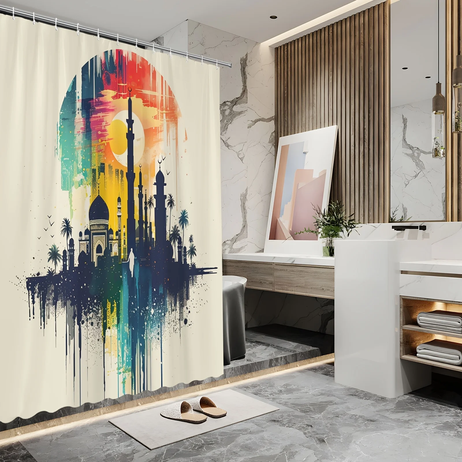 Urban Silhouette Waterproof Shower Curtain: Colorful Cityscape Design, Adds Modern Art to Your Bathroom Decor