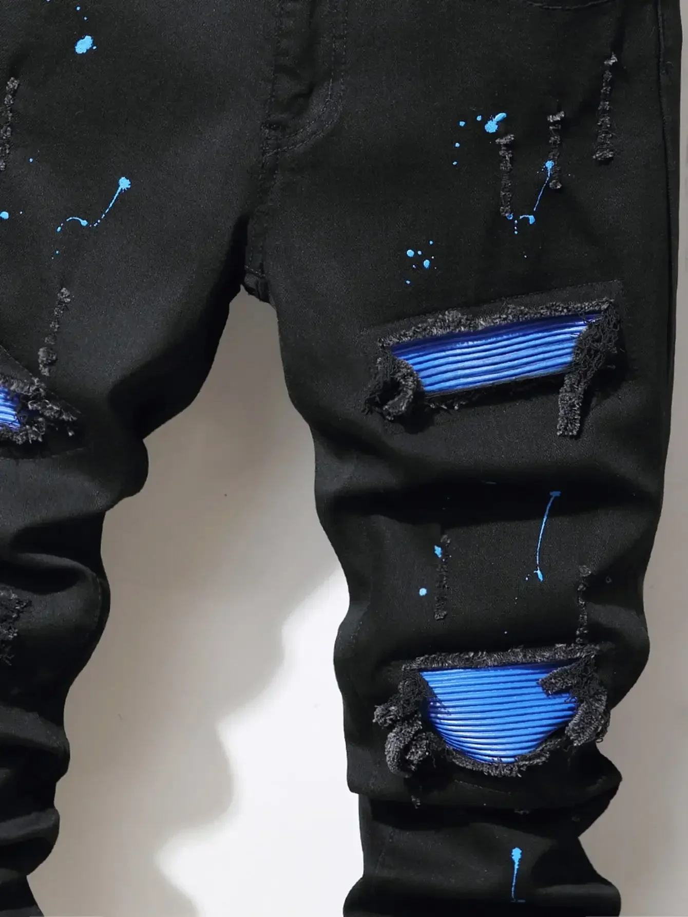 Pantalones vaqueros rasgados para hombre, Jeans ajustados elásticos de retales, estilo Hip Hop, informales, color negro y azul, 2023