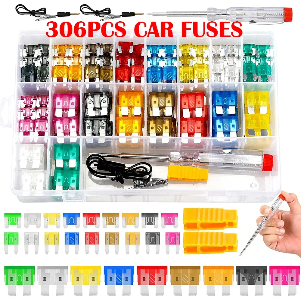 306PCS Car Fuse 5A10A15A20A25A30A35A Amplifier with Box Clip Combination Car Blade Fuse Set with Inspection Circuit Electric Pen