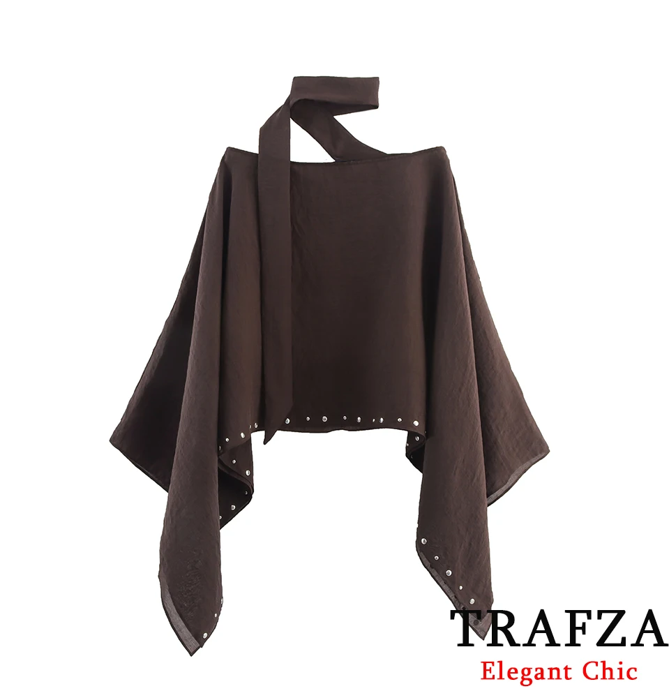 

TRAFZA женские свободные накидки High Street, винтажные топы с заклепками и отдельным воротником-шарфом, весна-лето 2024, повседневный плащ