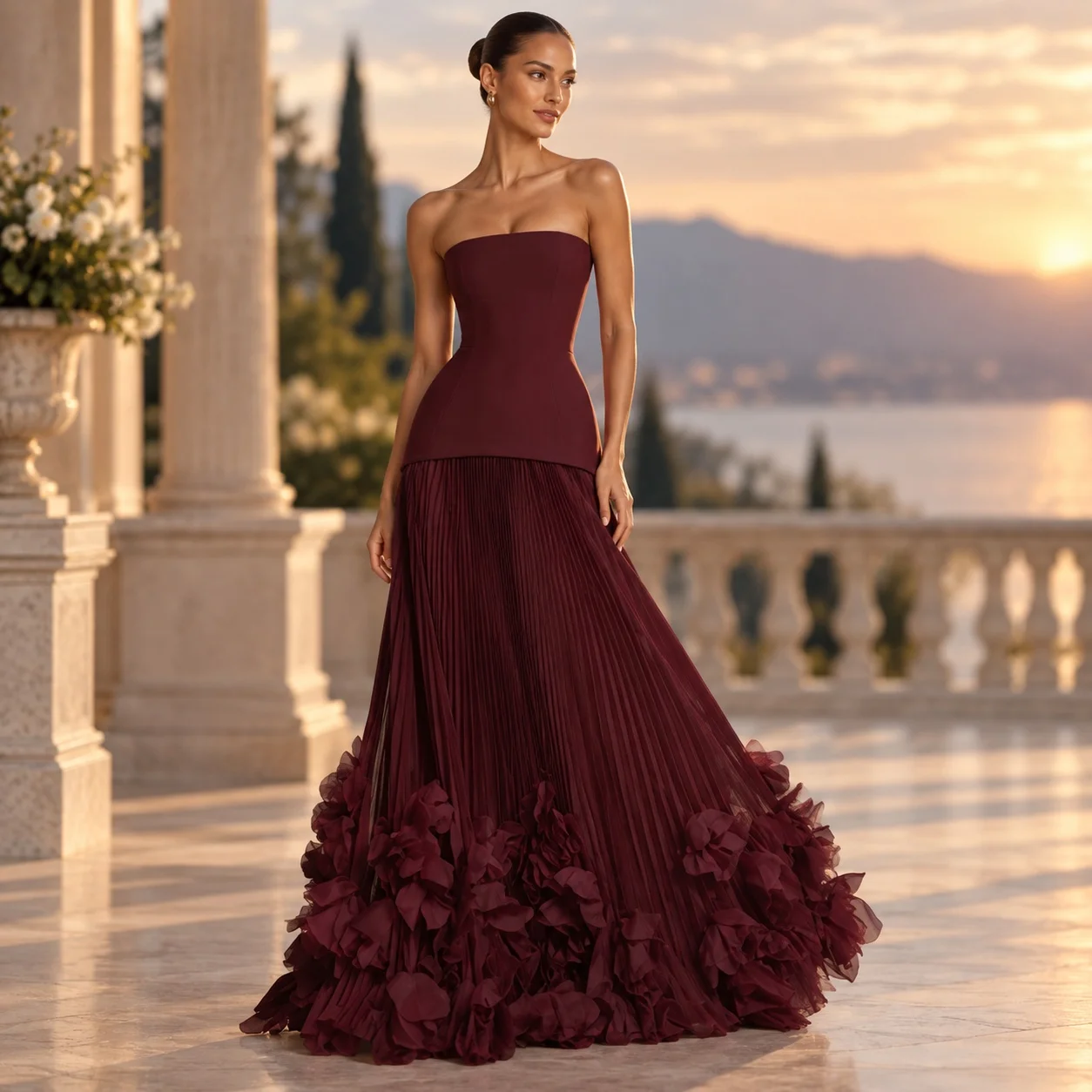 Slim Fit Strapless Gown Maxi Length Elegant with Wrinkle Finish Fitted Silhouette Socialite Style Dress Summer for Women