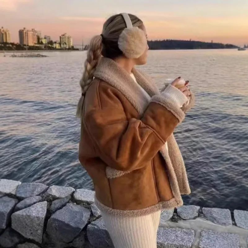 الخريف الشتاء المرأة الأمريكية الرجعية معطف الصوف الفراء قطعة واحدة سترة علوية ملابس خارجية الموضة #3